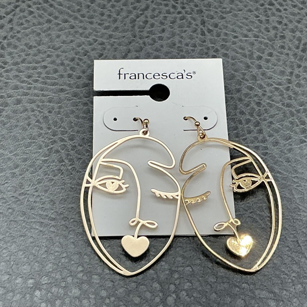 Francesca's Gold Tone Abstract Face Heart Dangle Earrings Womens Art Statement